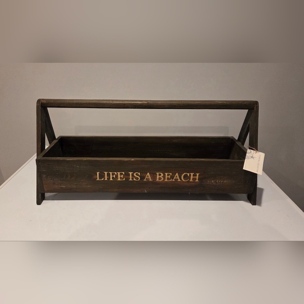 Rustic Wooden Crate with "LIFE IS A BEACH" Text - Dark Brown